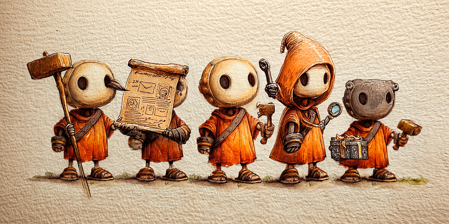 A row of helpers each building something different