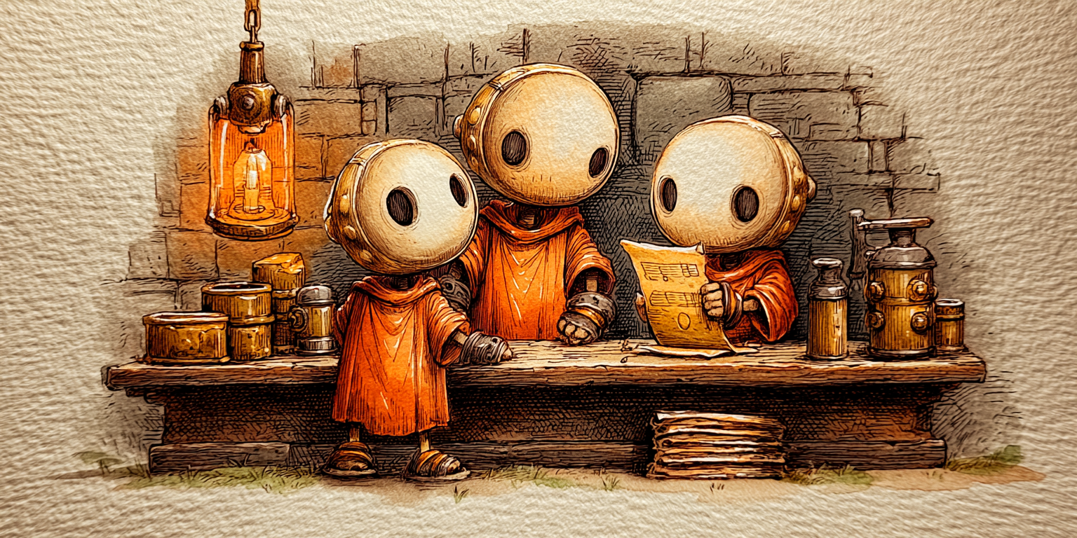 Small helper characters busy at a workshop bench